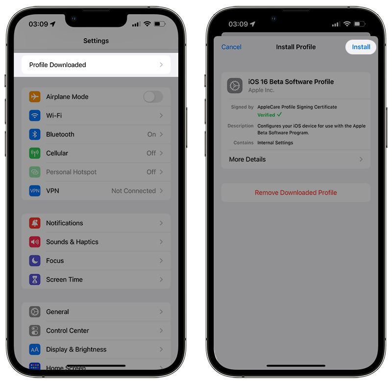 iOS 16 béta profil