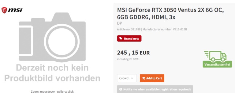RTX 3050 az osztrák E-Tec webáruházban