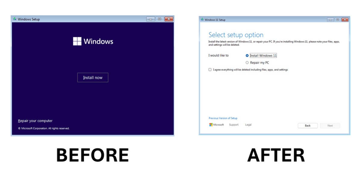 Windows 11 telepítő - Előtte - Utána