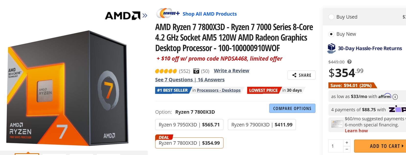350 dollár alá esett be az AMD Ryzen 7 7800X3D