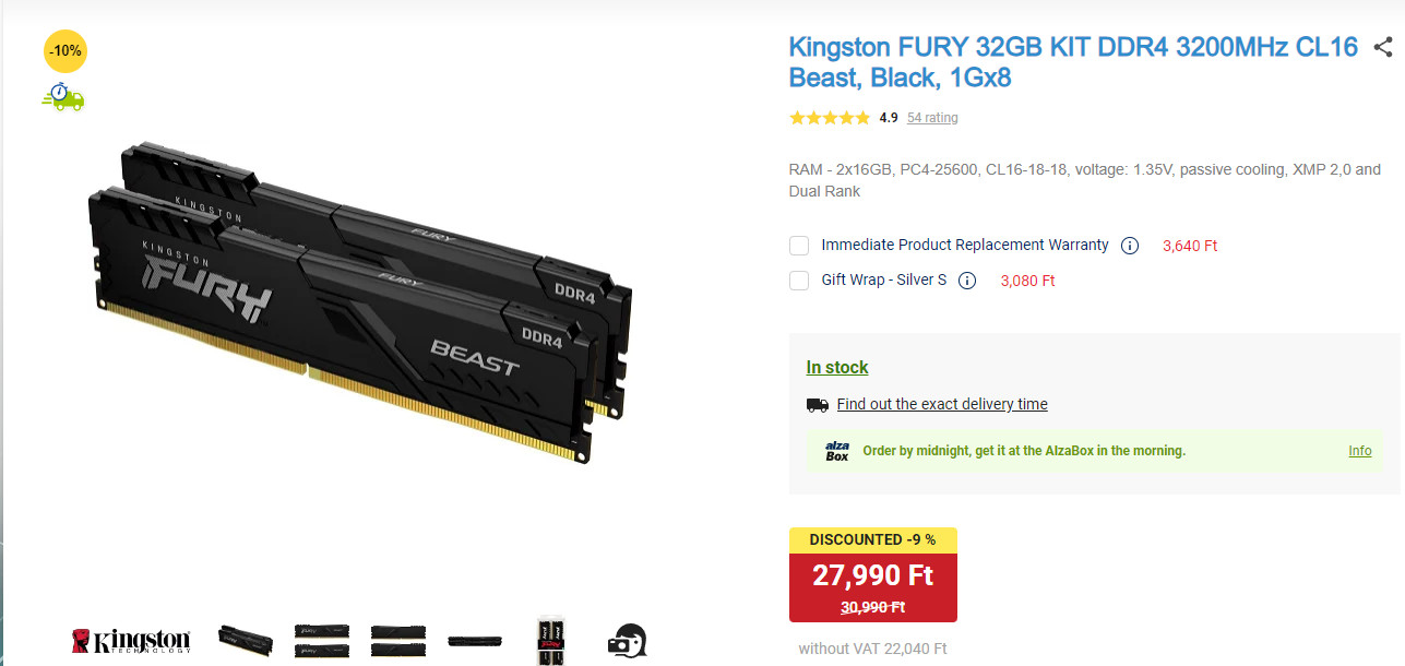 Kingston FURY 32GB KIT DDR4 3200MHz CL16 Beast, Black, 1Gx8 - Alza.hu