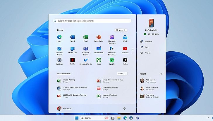 Start Menü és az androidos telefon - Windows 11