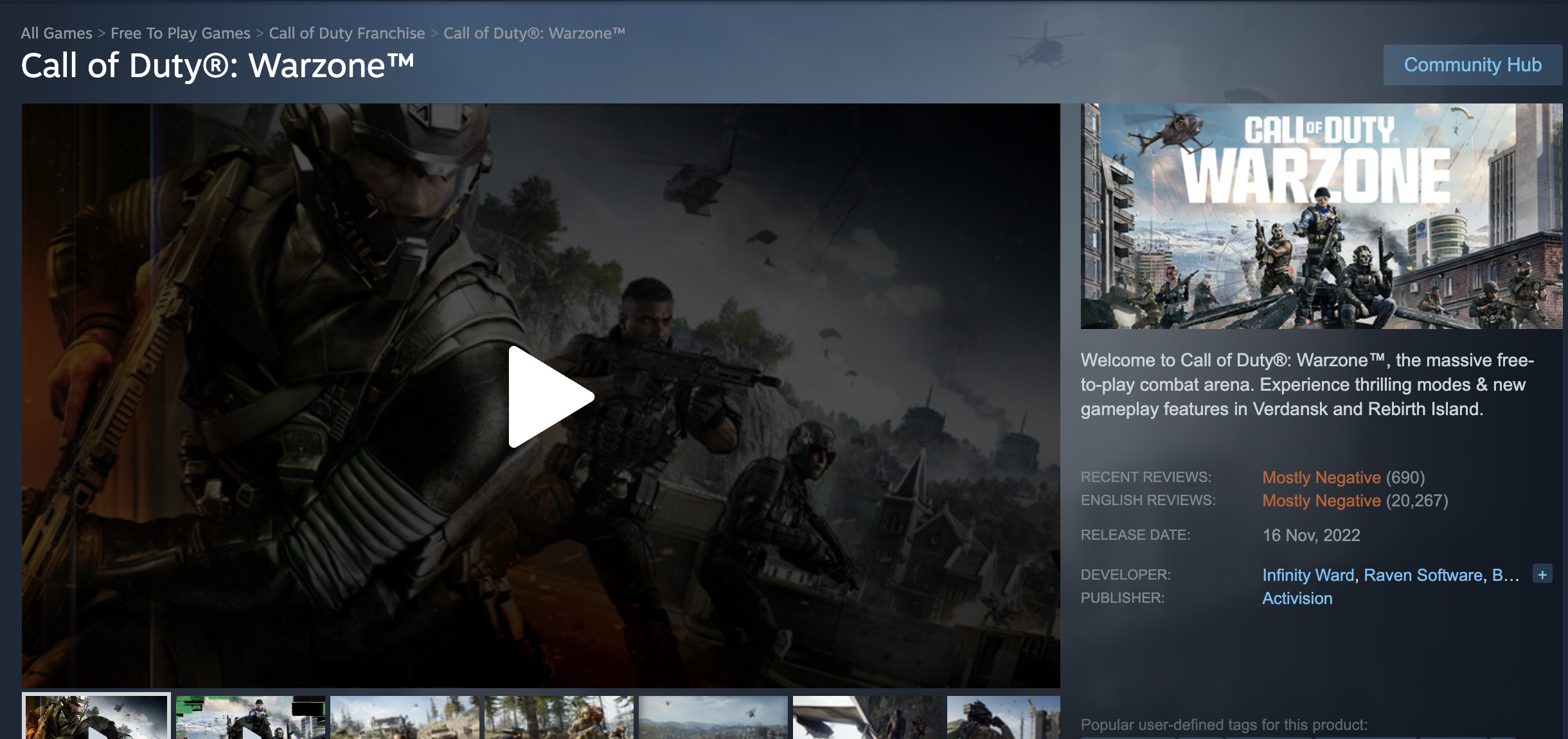 Warzone a Steam felületén